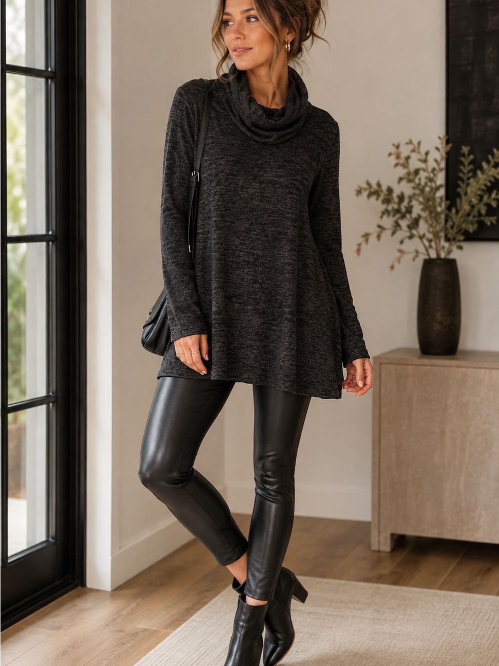 Everly Charcoal Cowl Neck Tunic Sweater